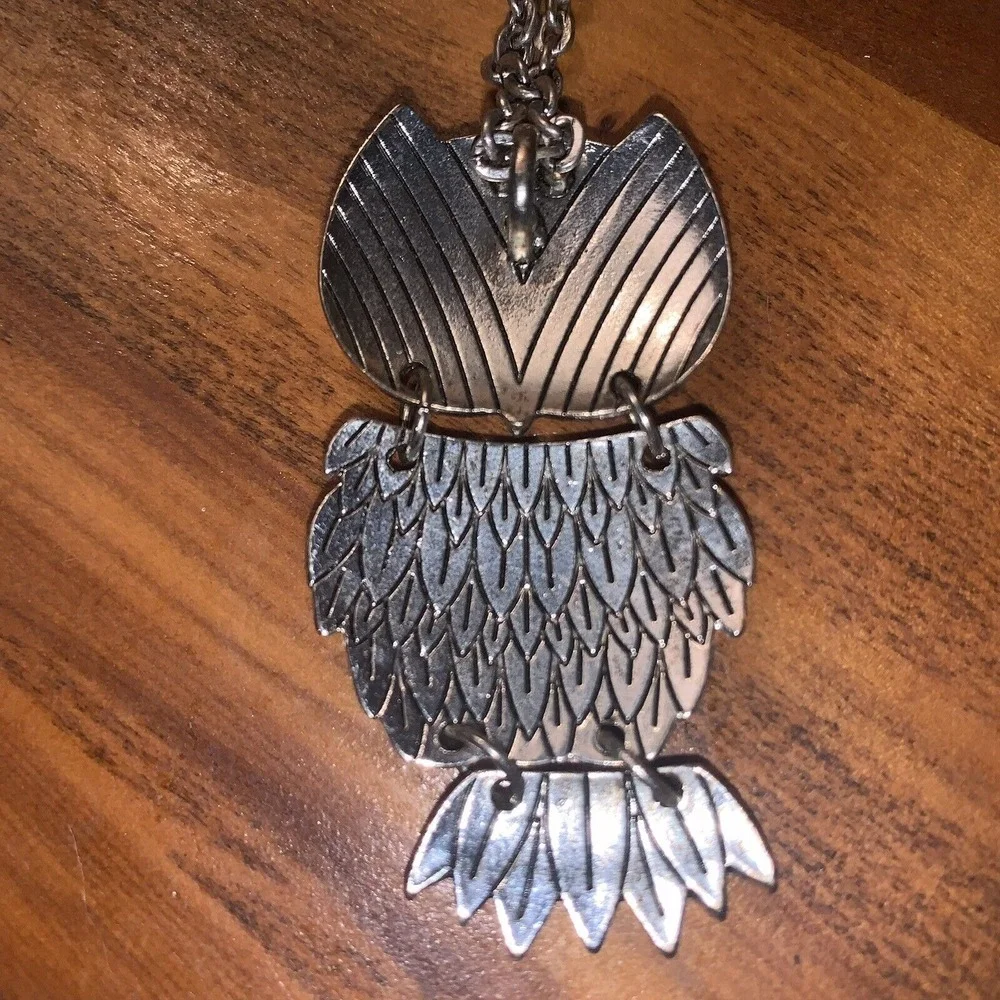 Owl Necklace Articulated Silver Tone Gold Eyes And Other Gems 2